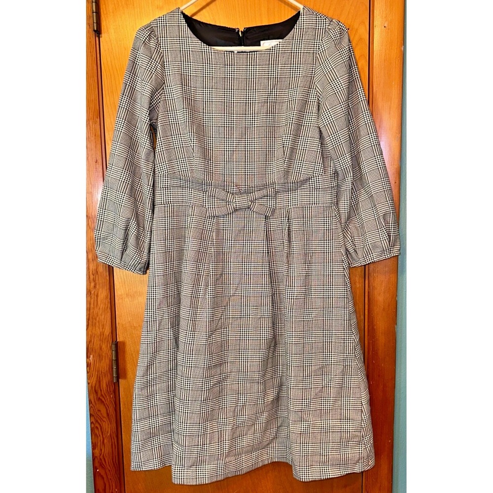 Couture Brooch Glen Plaid Bow Waist 3/4‎ Sleeve Dress Size Medium